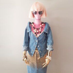 EUC Mustard Seed blue medium wash denim jacket with strap detail, M
